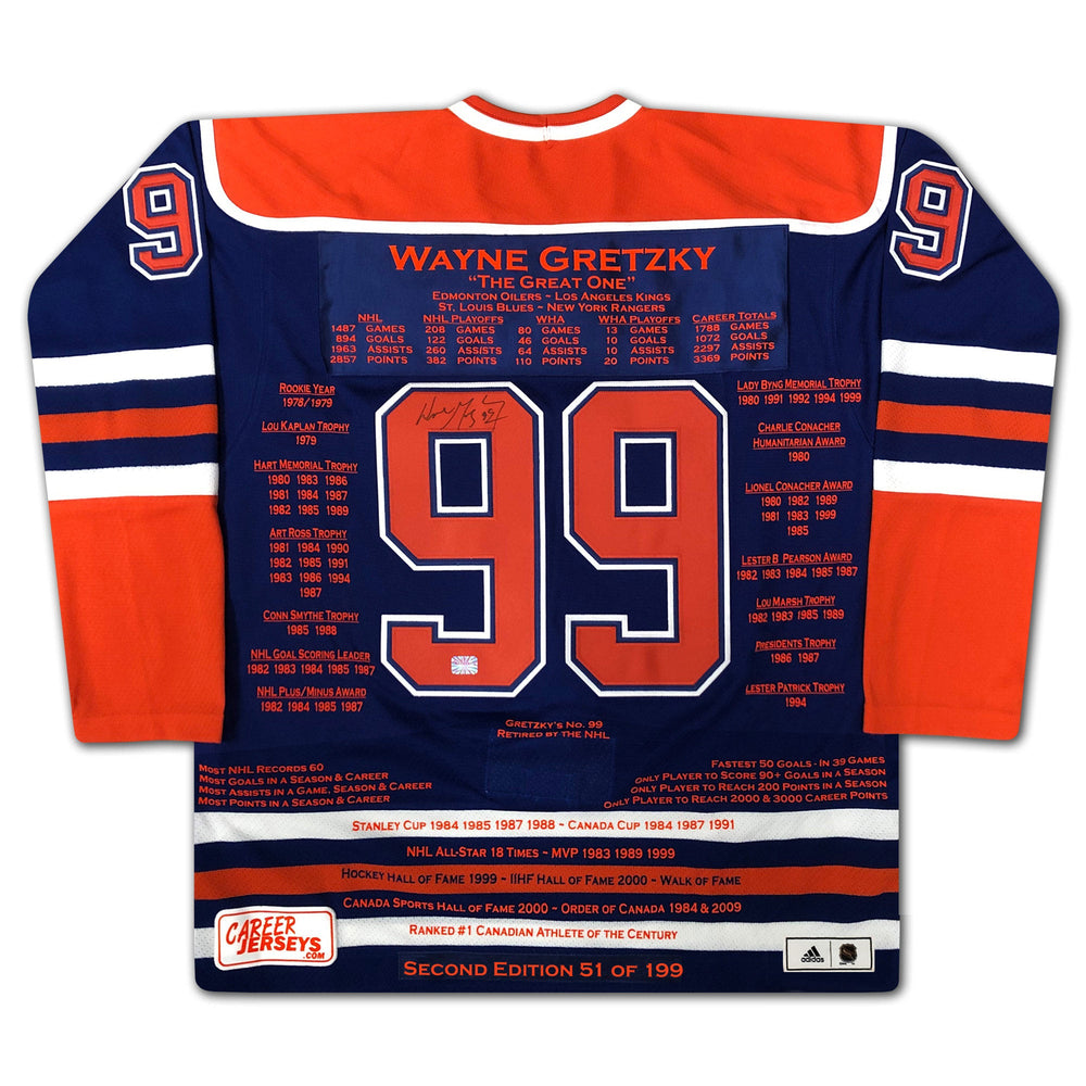 WAYNE GRETZKY BLUE CAREER JERSEY (SIZE L OR XL) – AUTOGRAPHED – SECOND EDITION – UPPER DECK AUTHENTICATED – LIMITED EDITION /199 – NHL HOCKEY MEMORABILIA
