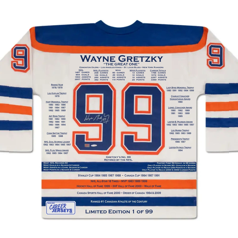 MAILLOT DE CARRIÈRE BLANC DE WAYNE GRETZKY #1 DE 99 (TAILLE L OU XL) - COA UPPER DECK - ÉDITION LIMITÉE AUTOGRAPHIÉE DE COLLECTION LNH - EDMONTON OILERS