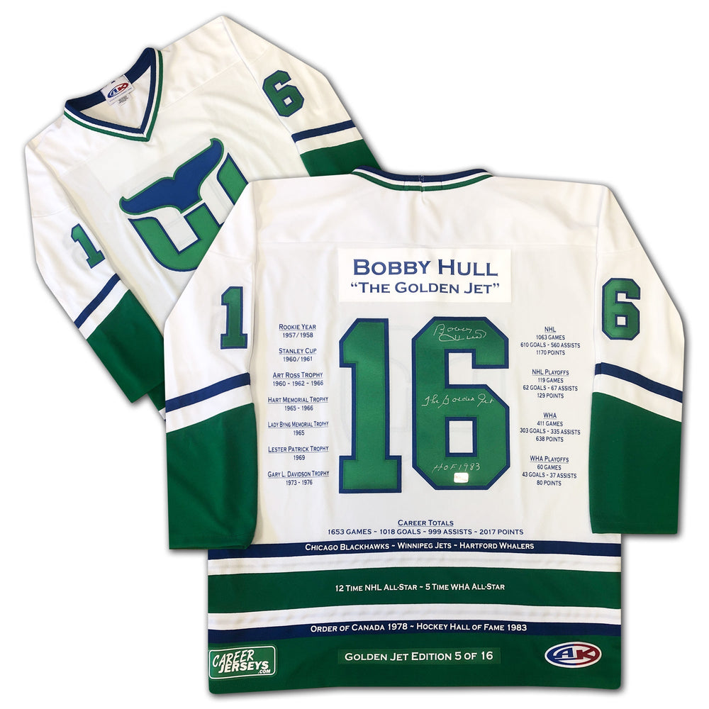 MAILLOT DE CARRIÈRE BOBBY HULL HARTFORD WHALERS ÉDITION BLANCHE – OBJET DE COLLECTION AUTOGRAPHÉ – ÉDITION LIMITÉE /16 – ARTICLE DE COLLECTION OFFICIEL DE LA LNH (TAILLE L OU XL)