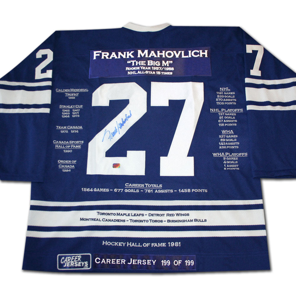 FRANK MAHOVLICH MAILLOT DE CARRIÈRE #199 SUR 199 (TAILLE L OU XL) – ÉDITION LIMITÉE AUTOGRAPHÉE OBJET DE COLLECTION LNH TORONTO MAPLE LEAFS