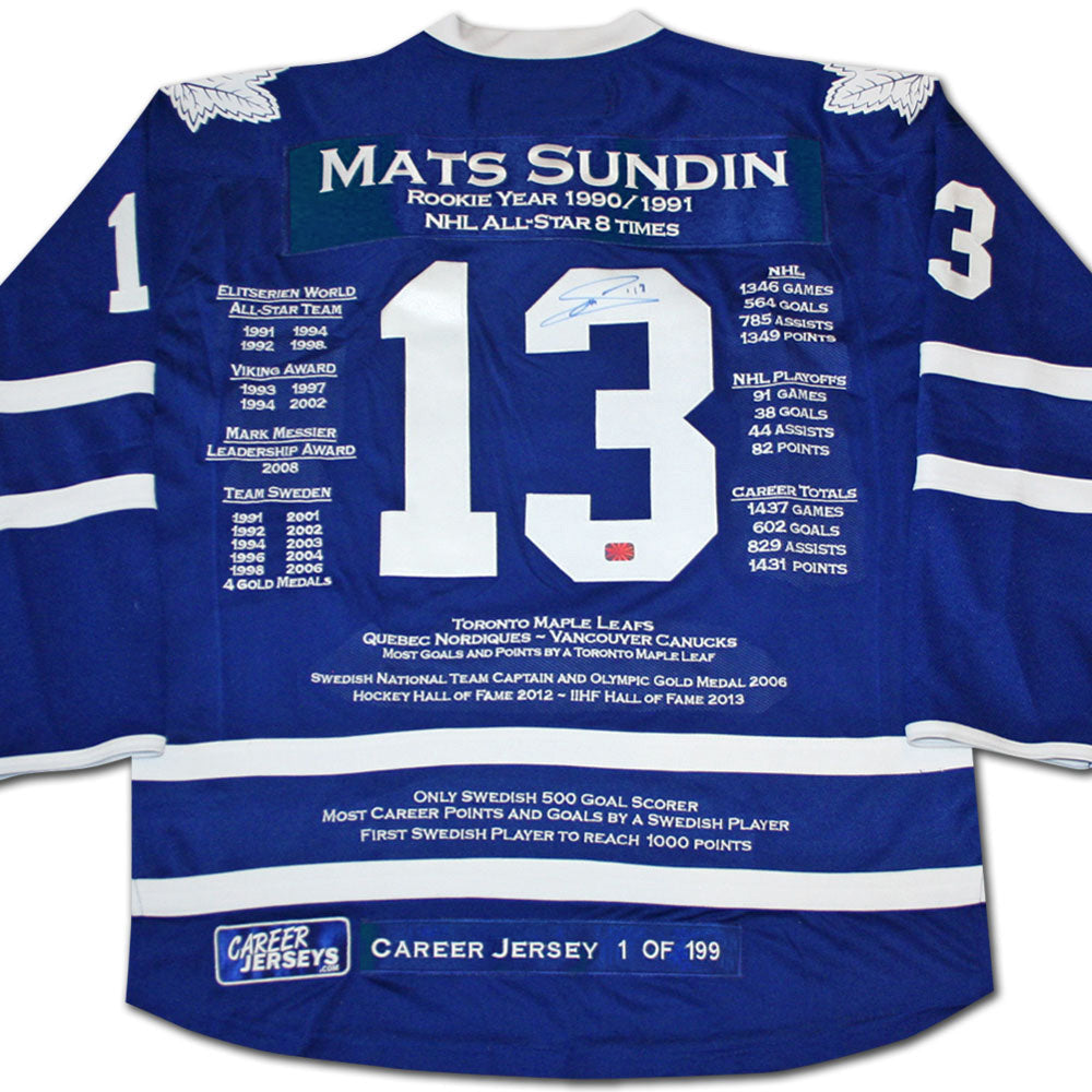 MAILLOT DE CARRIÈRE MATS SUNDIN N°1 SUR 199 AUTOGRAPHÉ – ÉDITION LIMITÉE DE COLLECTION – LÉGENDE DES MAPLE LEAFS DE TORONTO (TAILLE L OU XL)