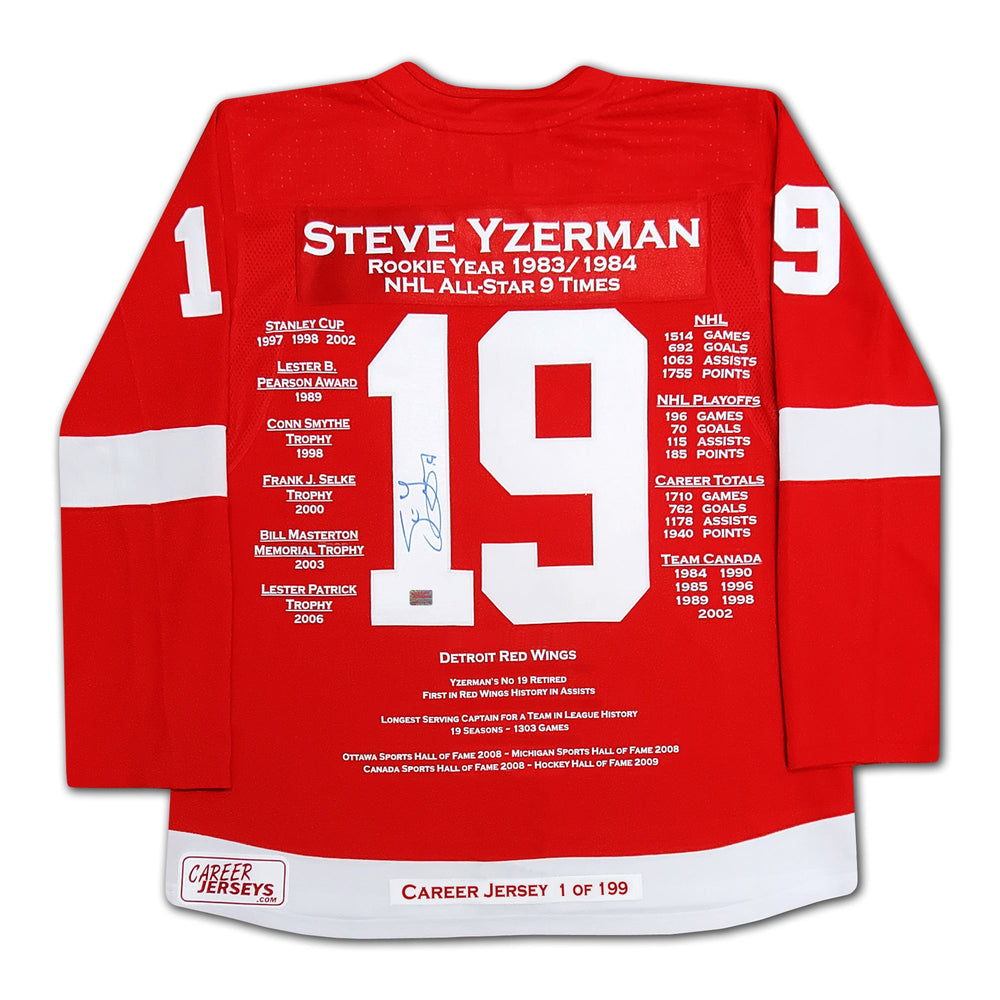 MAILLOT DE CARRIÈRE DE STEVE YZERMAN N°1 DE 199 - AUTOGRAPHÉ - DETROIT RED WINGS - OBJET DE COLLECTION NHL EN ÉDITION LIMITÉE (TAILLE L OU XL)