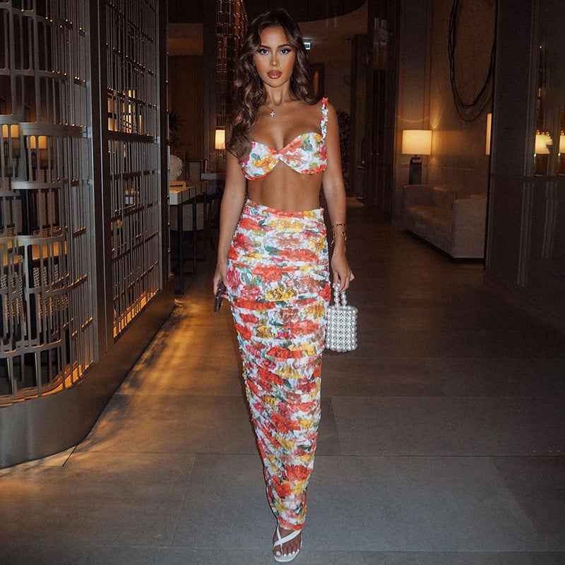 Ensemble Robe Deux Pièces Élégant pour Femme – Haut sans Manches Imprimé avec Jupe Longue Plissée