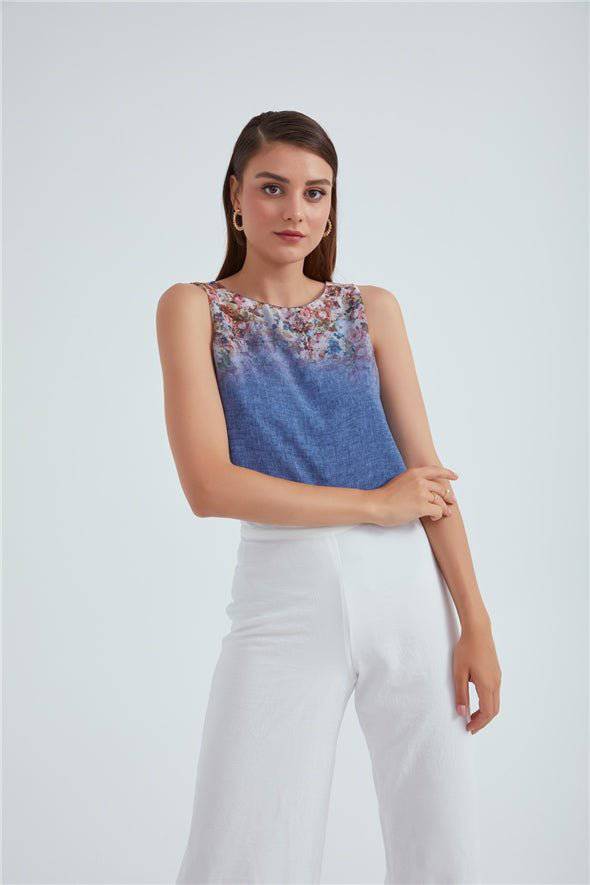 Haut en georgette imprimé floral dégradé à col rond - Bleu