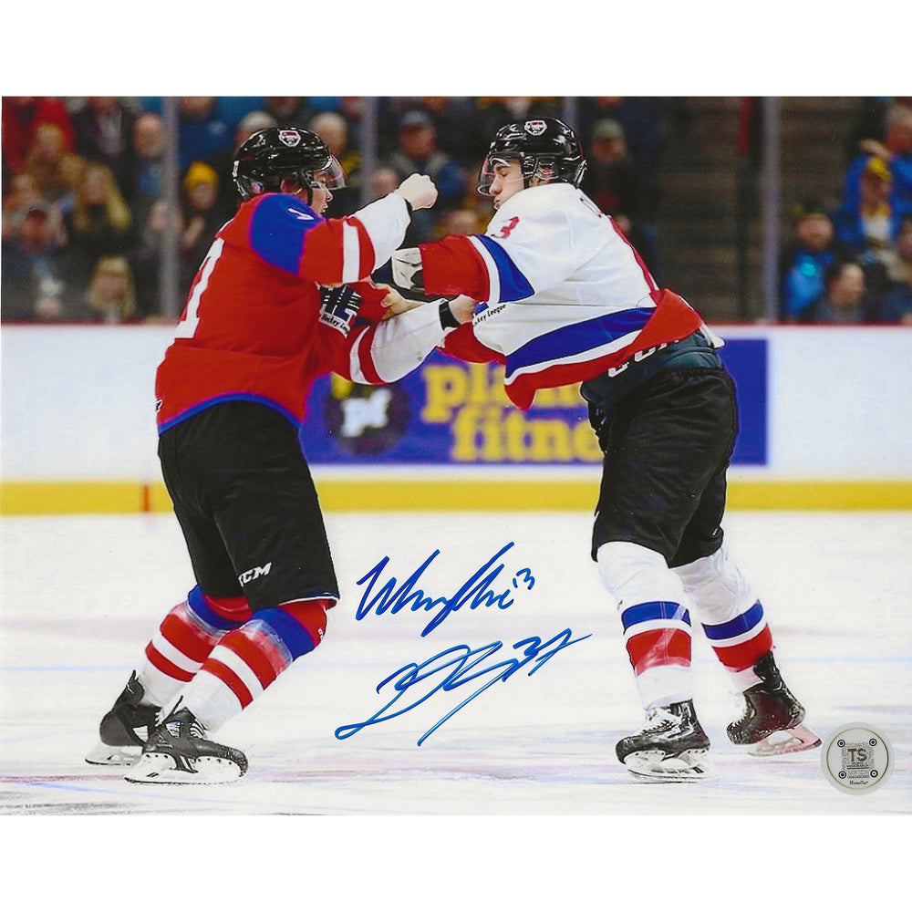 Photo 8x10 autographiée du match des meilleurs espoirs de la LCH 2020 représentant un combat de Will Cuylle et Donovan Sebrango