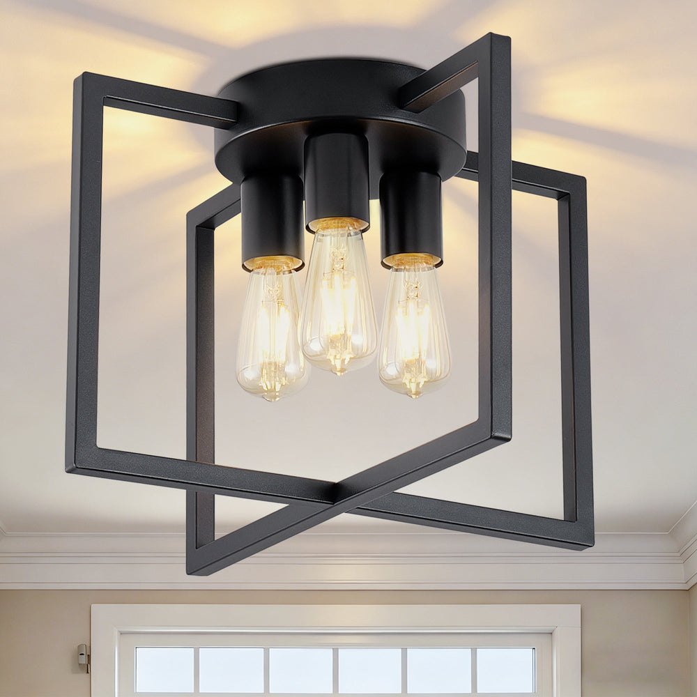 3-Light Black Semi-Flush Mount Ceiling Light with Geometric Metal Shade (United States Delivery Only)