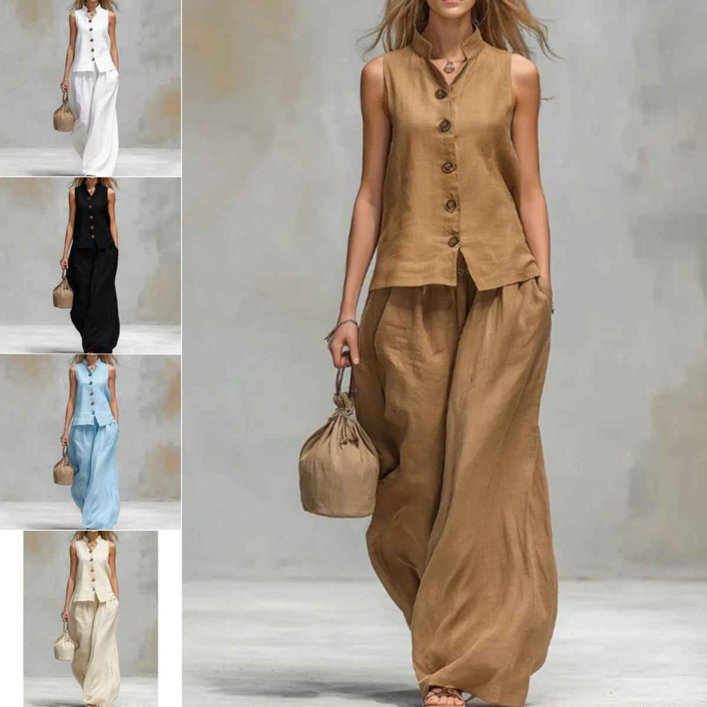 Ensemble décontracté deux pièces pour femme : gilet sans manches à col montant et pantalon assorti - Tenue d'été