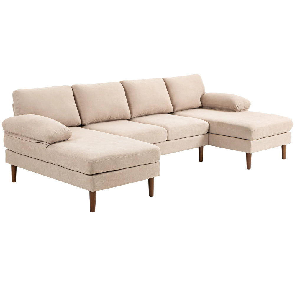 Beige U-Shaped Sectional Sofa – 4-Seater Fabric Couch with Double Chaise Lounge & Wooden Legs (United States & Canada Delivery Only)