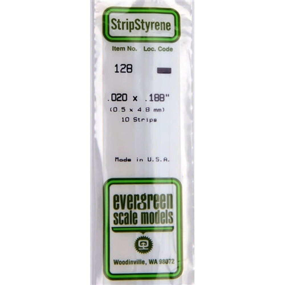 Evergreen Scale Models 128 Bande de styrène .020 X .188" (0,5 X 4,8 mm) 10 bandes NIB