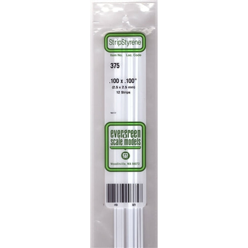 Evergreen Scale Models 375 Bandes de styrène .100 x .100" (2,5 x 2,5 mm) 12 pièces NIB