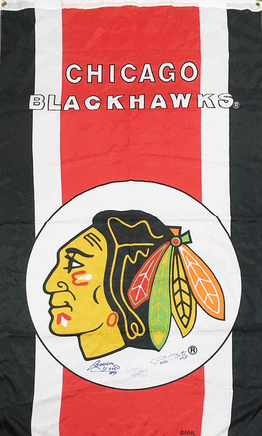 DRAPEAU AUTOGRAPHIÉ PAR LES LÉGENDES DES BLACKHAWKS DE CHICAGO – BOBBY HULL, DENNIS HULL, PIERRE PILOTE – RARE OBJET DE COLLECTION DE LA LNH AUTOGRAPHÉ 36X60