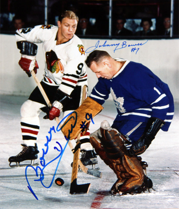 PHOTOGRAPH AUTOGRAPHIÉE 8" X 10" JOHNNY BOWER & BOBBY HULL – MATCH LNH TORONTO MAPLE LEAFS CONTRE CHICAGO BLACKHAWKS – OBJET DE COLLECTION DE HOCKEY SIGNÉ (8" X 10")