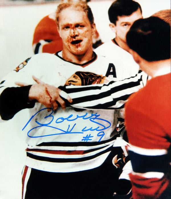 PHOTOGRAPH AUTOGRAPHIÉE DE BOBBY HULL 8" X 10" ENSANGLANTÉE – OBJET DE COLLECTION DE HOCKEY SIGNÉ DES BLACKHAWKS DE CHICAGO LNH (8" X 10")