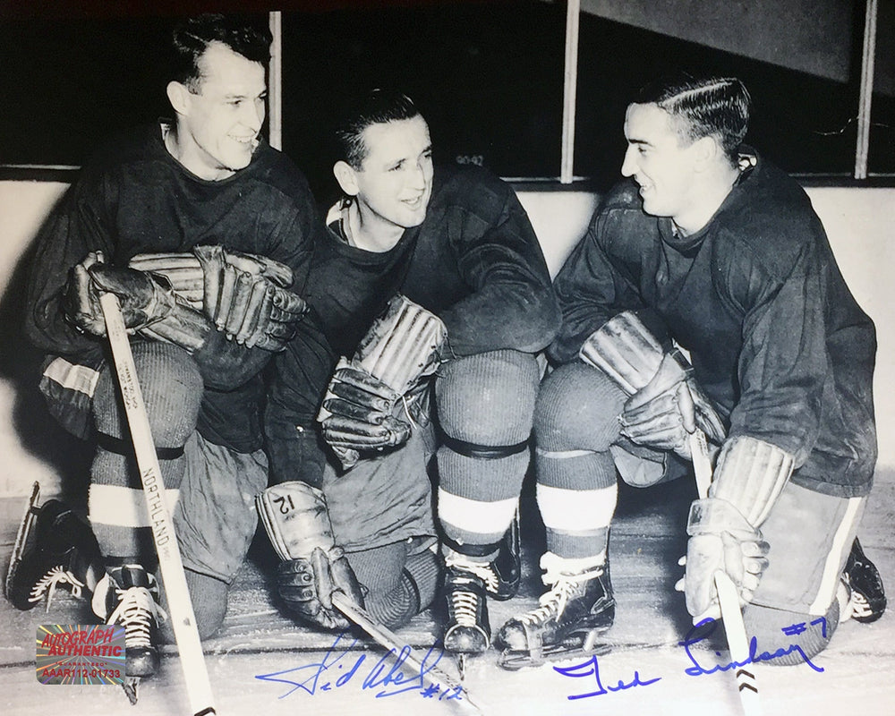 PHOTO SIGNÉE PAR SID ABEL & TED LINDSAY 8" X 10" – SOUVENIRS DES LÉGENDES DES RED WINGS DE DETROIT DE LA LNH