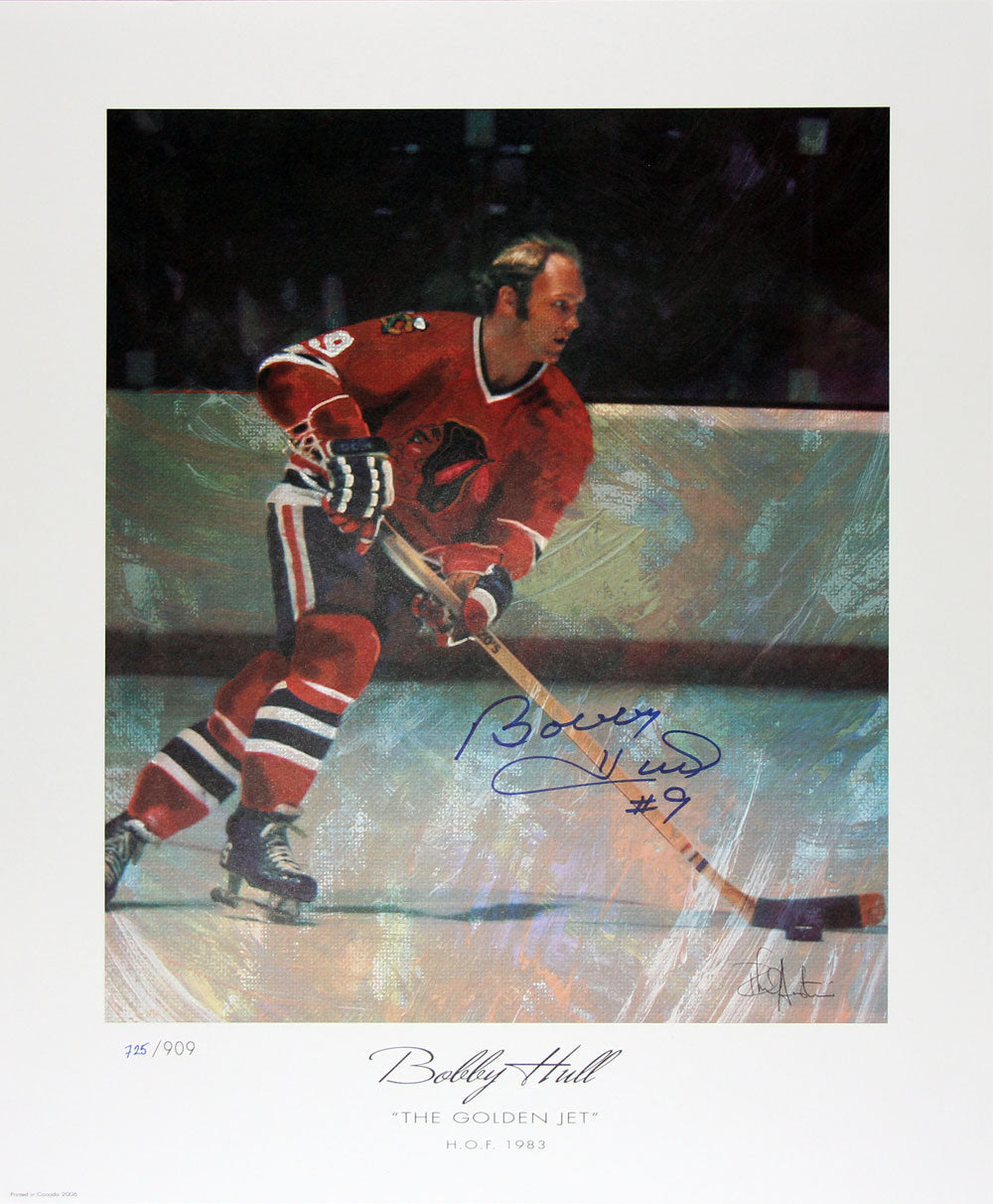 LITHOGRAPHIE AUTOGRAPHIÉE BOBBY HULL – THE GOLDEN JET ÉDITION LIMITÉE – OBJET DE COLLECTION LNH BLACKHAWKS DE CHICAGO (22" X 18")