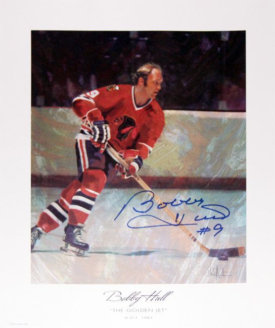 LITHOGRAPHIE AUTOGRAPHIÉE DE BOBBY HULL « THE GOLDEN JET » – ART HOCKEY DES CHICAGO BLACKHAWKS (13" X 11")