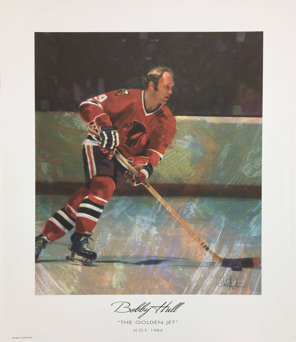 LITHOGRAPHIE NON SIGNÉE « THE GOLDEN JET » – BOBBY HULL CHICAGO COLLECTIBLE IMPRESSION D'ART HOCKEY (13" X 11")