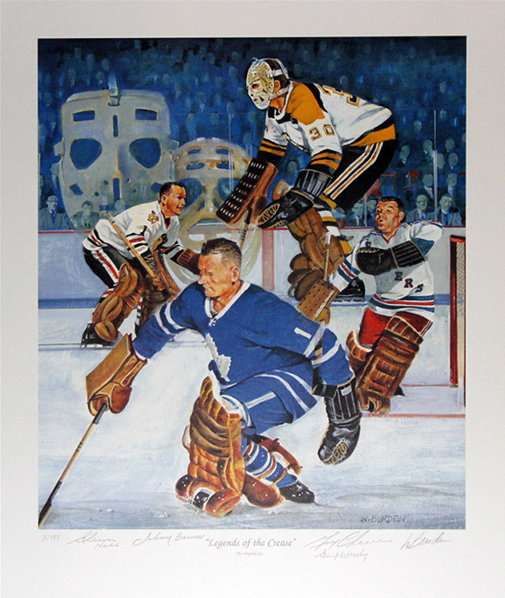 ORIGINAL SIX LEGENDS SIGNED LITHOGRAPH – BOWER, CHEEVERS, HALL, WORSLEY – LTD ED /197 (24" X 20")