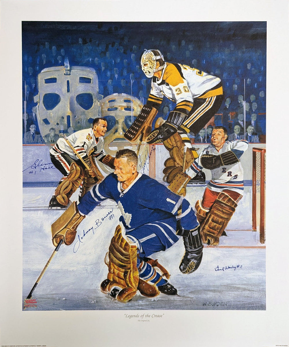 LITHOGRAPH SIGNÉE LÉGENDES DE LA CAGE – AUTOGRAPHES BOWER, CHEEVERS, HALL, WORSLEY – PRÉSENTOIR DE SOUVENIRS DE GARDIENS DE BUT DE LA LNH 24" X 20"