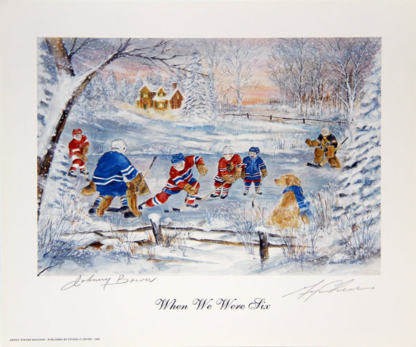QUAND NOUS AVONS EU SIX LITHOGRAPHIE AUTOGRAPHIÉE – JOHNNY BOWER & GERRY CHEEVERS – ŒUVRE D'ART DE HOCKEY VINTAGE (11,5" X 10,25")