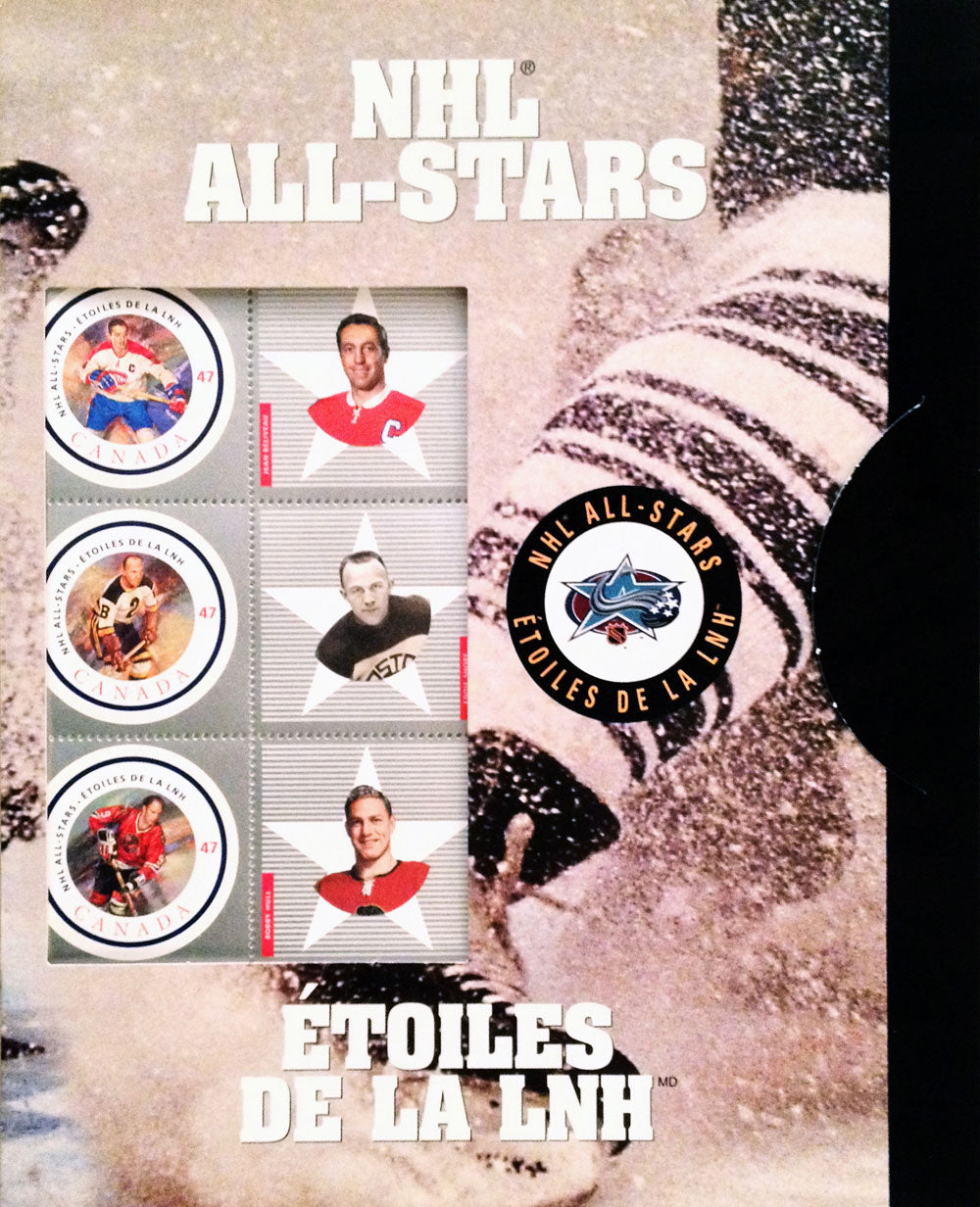 ENSEMBLE DE TIMBRES ALL-STAR ANCIENS COMBATTANTS DE POSTES CANADA 2001 AVEC BOBBY HULL ET JEAN BÉLIVEAU – HOMMAGE PHILATÉLIQUE AUX LÉGENDES DE LA LNH (8 PO X 6,5 PO)