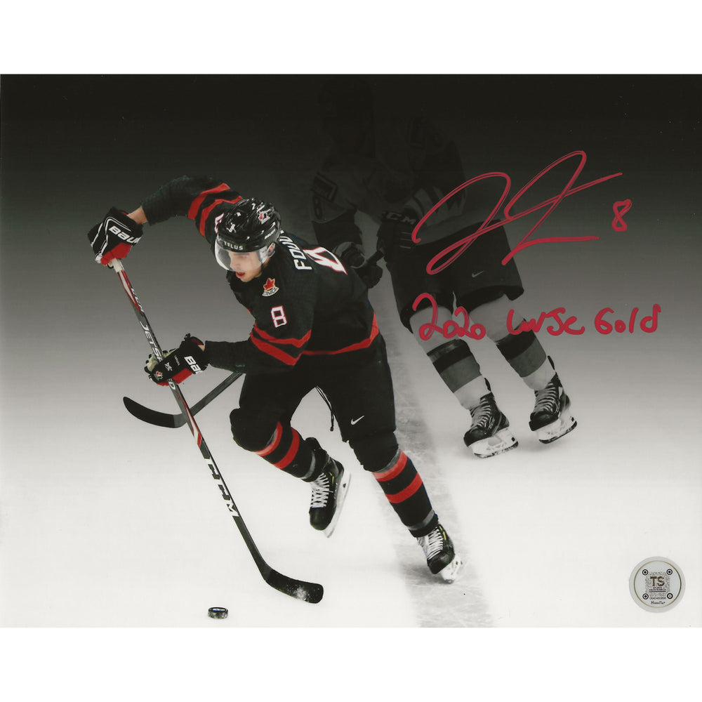 Photo 8x10 de Liam Foudy, autographiée et dédiée "2020 WJC Gold" (Mondial Junior) avec l'équipe Canada