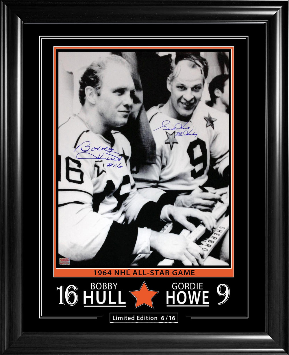 GORDIE HOWE ET BOBBY HULL, ÉDITION LIMITÉE SIGNÉE 16" X 20" SUR 16 EXEMPLAIRES (28" X 24") – OBJETS DE COLLECTION AUTOGRAPHÉS – ENCADRÉS PROFESSIONNELLEMENT ET PRÊTS À ÊTRE ACCROCHÉS
