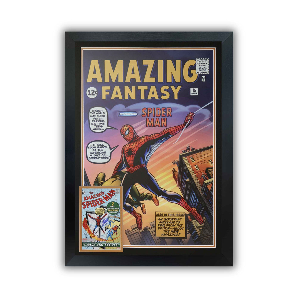 L'HOMME-ARAIGNÉE PREMIÈRE APPARITION DÉDICACÉ PAR STAN LEE – OBJET DE COLLECTION MARVEL ENCADRÉ – AFFICHAGE D'ART DE LA BD AMAZING FANTASY (97,8 X 71,1 CM)