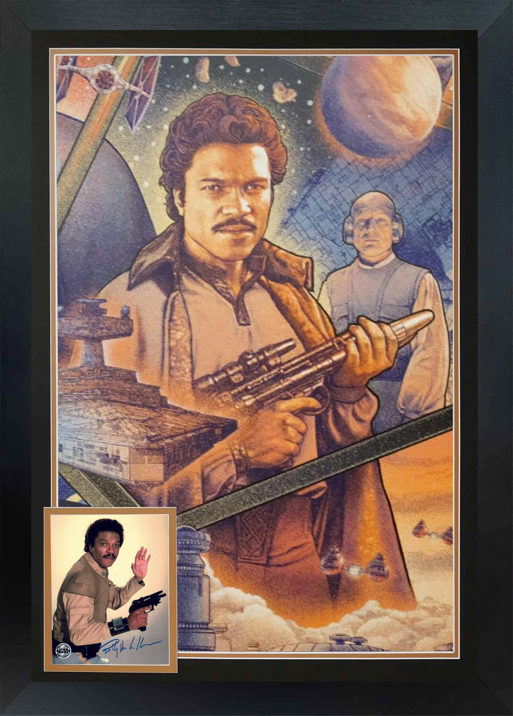 BILLY DEE WILLIAMS SIGNED STAR WARS COLLECTIBLE – LANDO CALRISSIAN COLLAGE EMPIRE STRIKES BACK FRAMED ARTWORK (38.5" X 28")