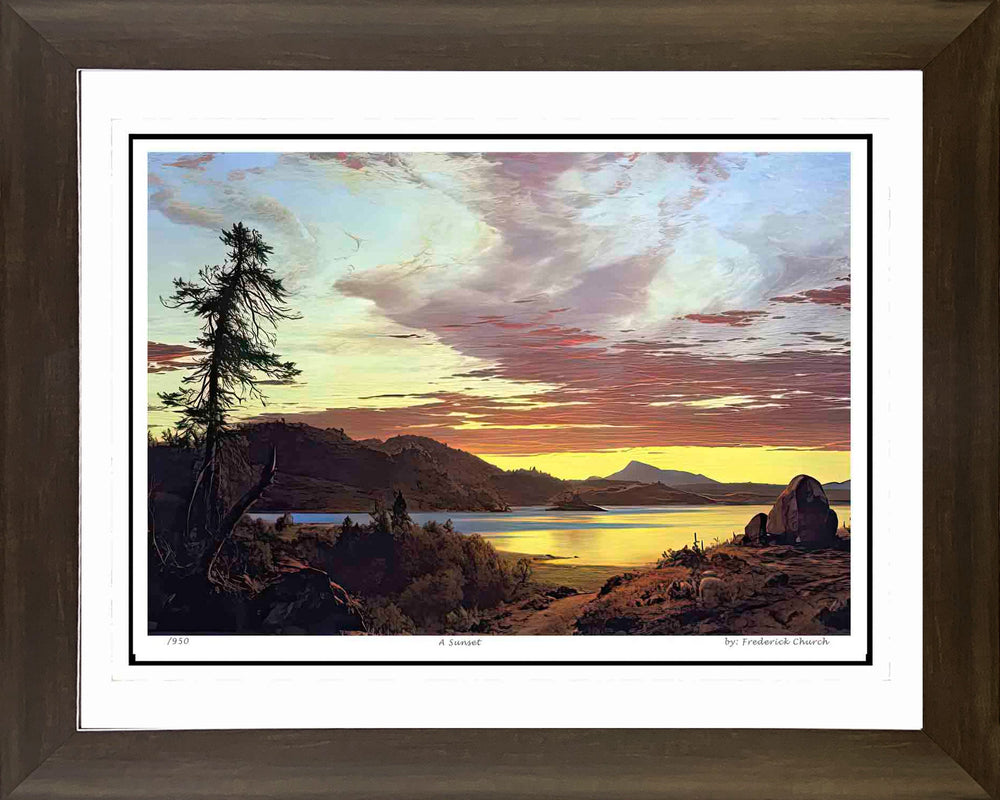 FREDERIC CHURCH "A SUNSET" – HUDSON RIVER SCHOOL FRAMED PRINT (30" BY 24")