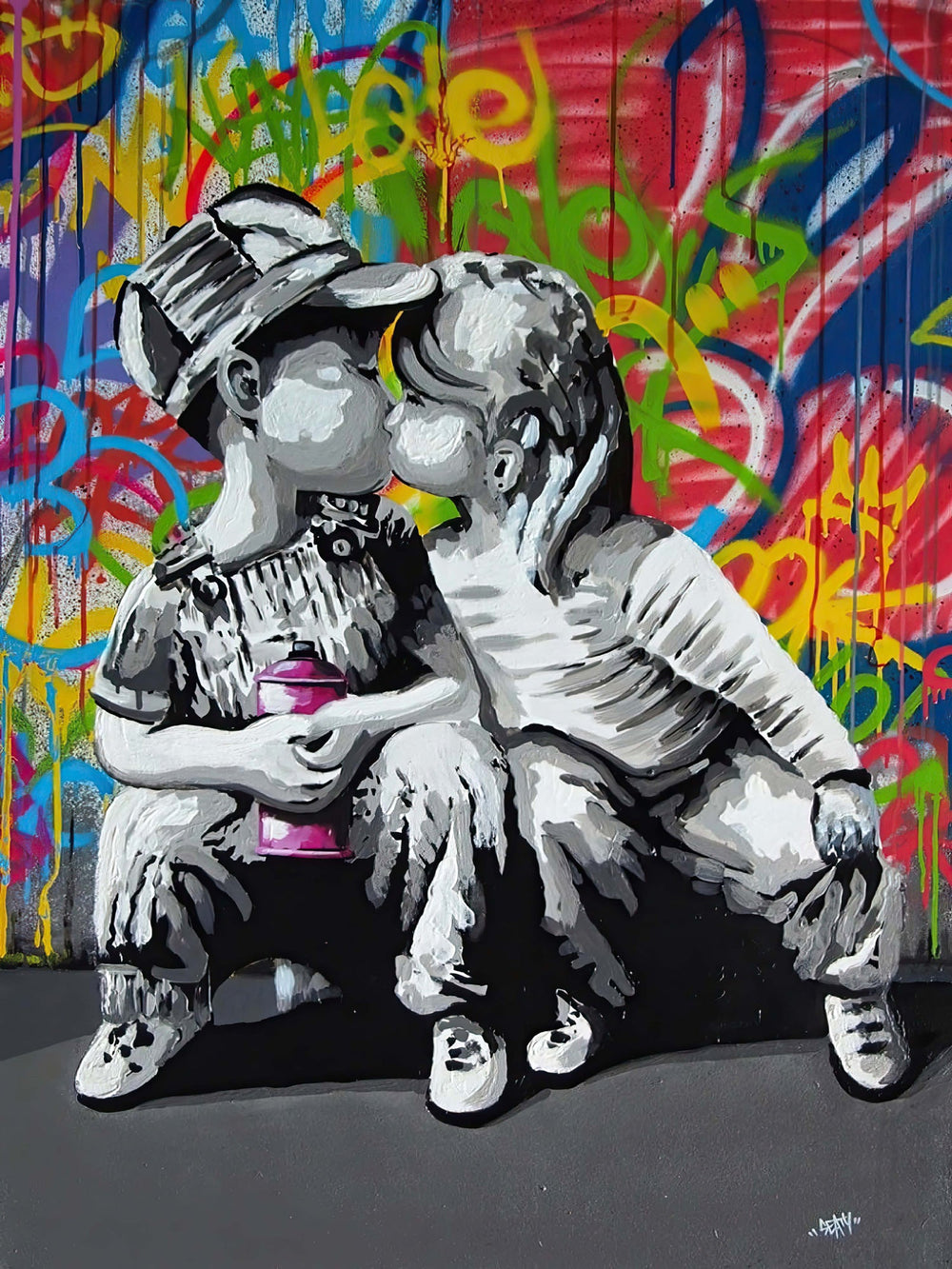 BANKSY FIRST KISS – DÉCORATION MURALE TOILE ART URBAIN (85 CM X 60 CM) POP GRAFFITI ŒUVRE D'ART AMOUR