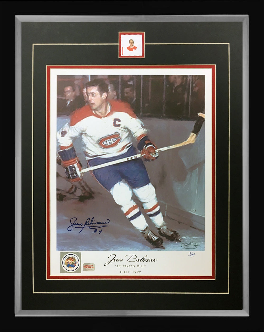 LITHOGRAPHIE SIGNÉE PAR JEAN BELIVEAU – ÉDITION LIMITÉE RARE N° 3 DE 4 – ART ENCADRÉ CANADIENS LNH (24" X 20")