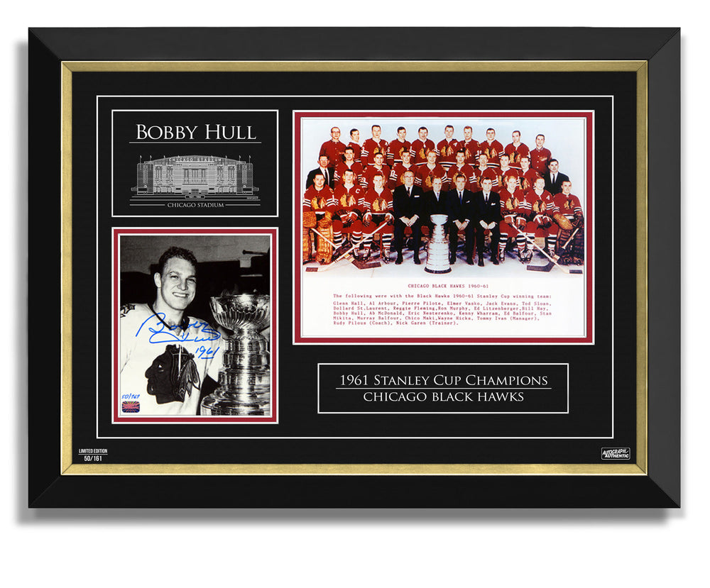 DOUBLE PHOTO BOBBY HULL AUTOGRAPHE COUPE STANLEY 1961 – CHICAGO BLACKHAWKS ÉDITION LIMITÉE DE 161 – OBJET DE COLLECTION ENCADRÉ LÉGENDES LNH (27" X 18")