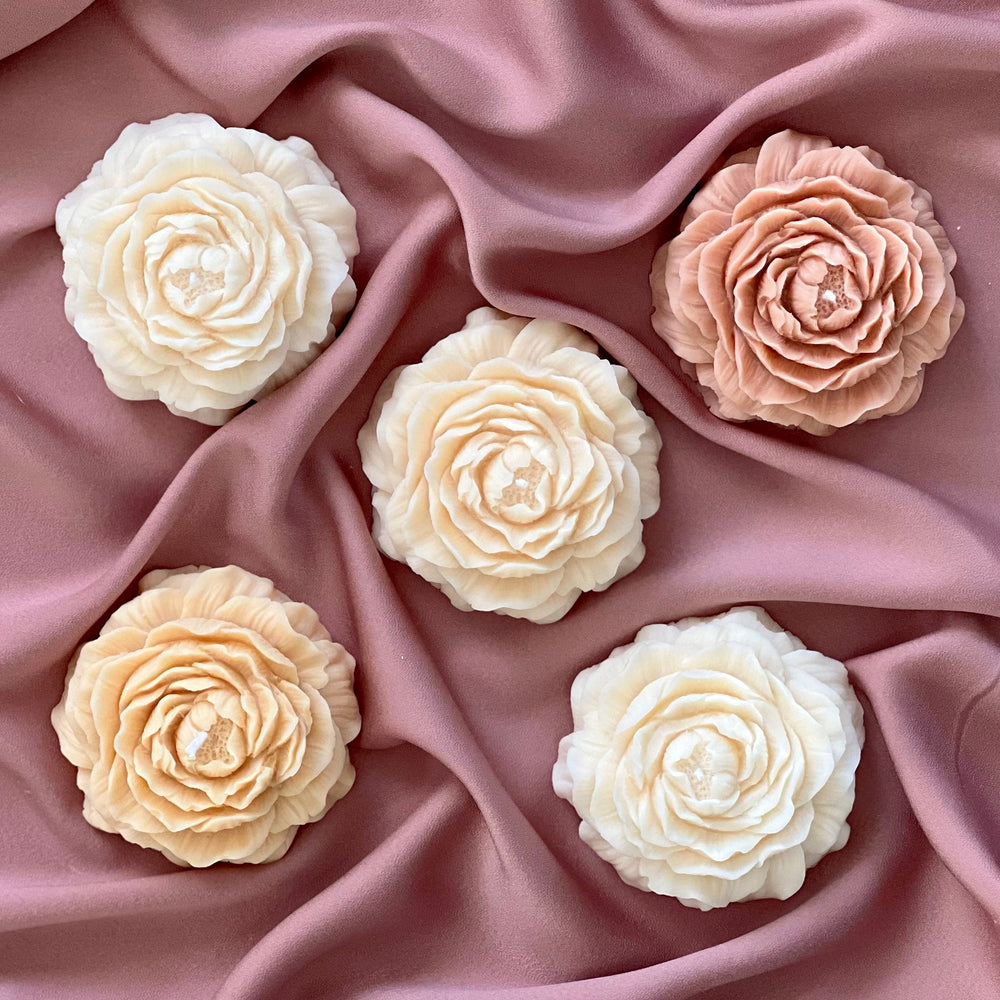 Bougie pivoine faite main en cire de soja | Décoration sculpturale pour la maison