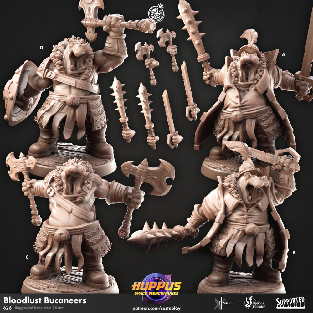 Bloodlust Buccaneers - Cast n Play Huppus Space Mercenaries | DnD Miniature | Giff, Hippo, Fighter, Barbarian, Melee, Cleric, Paladin, Tank