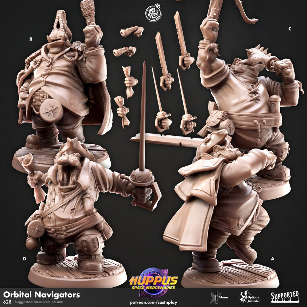 Orbital Navigators - Cast n Play Huppus Space Mercenaries | DnD Miniature | Giff, Hippo, Fighter, Barbarian, Rogue, Cleric, Paladin, Bard