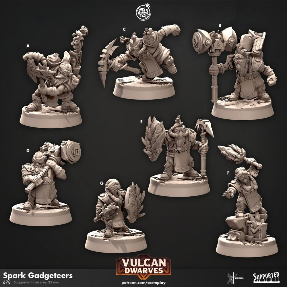 Spark Gadgeteers - dnd miniature - Cast N Play Vulcan Dwarves | Dwarf 32mm | Fighter | Cleric | Paladin | Barbarian | Artificer | Pathfinder