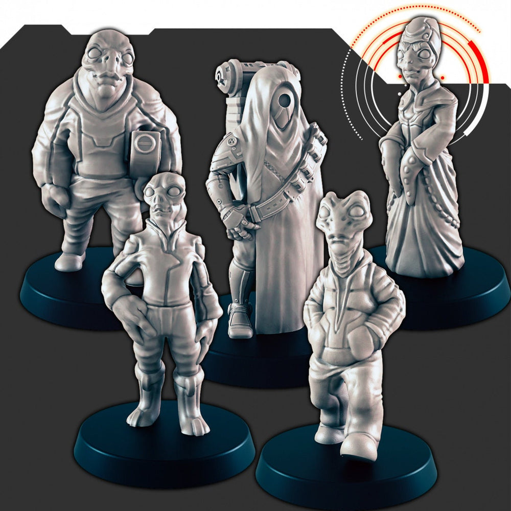 Ensemble de 5 figurines d'aliens civils Sci-Fi - EC3D | Legion | Cyberpunk | Starfinder | Sci-Fi | Futuriste | Cybernétique | Alien | Homme | Femme