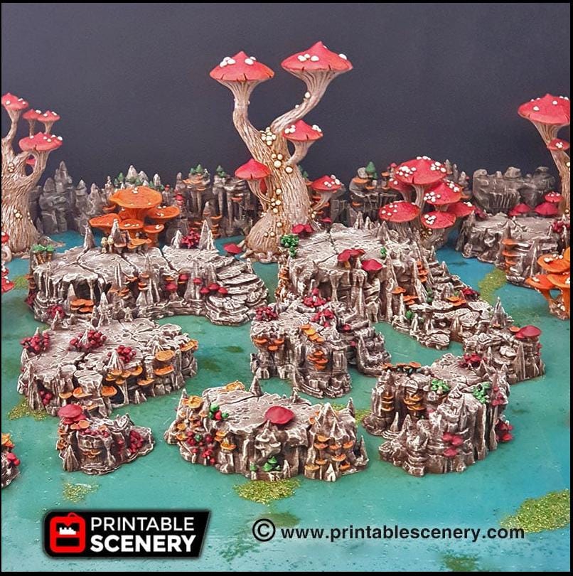 Raised Mushroom Caverns - Printable Scenery | DnD | Cave | Dungeon | Scene | Scatter Terrain | Wargaming | 28mm 15mm 32mm | Goblin Grotto