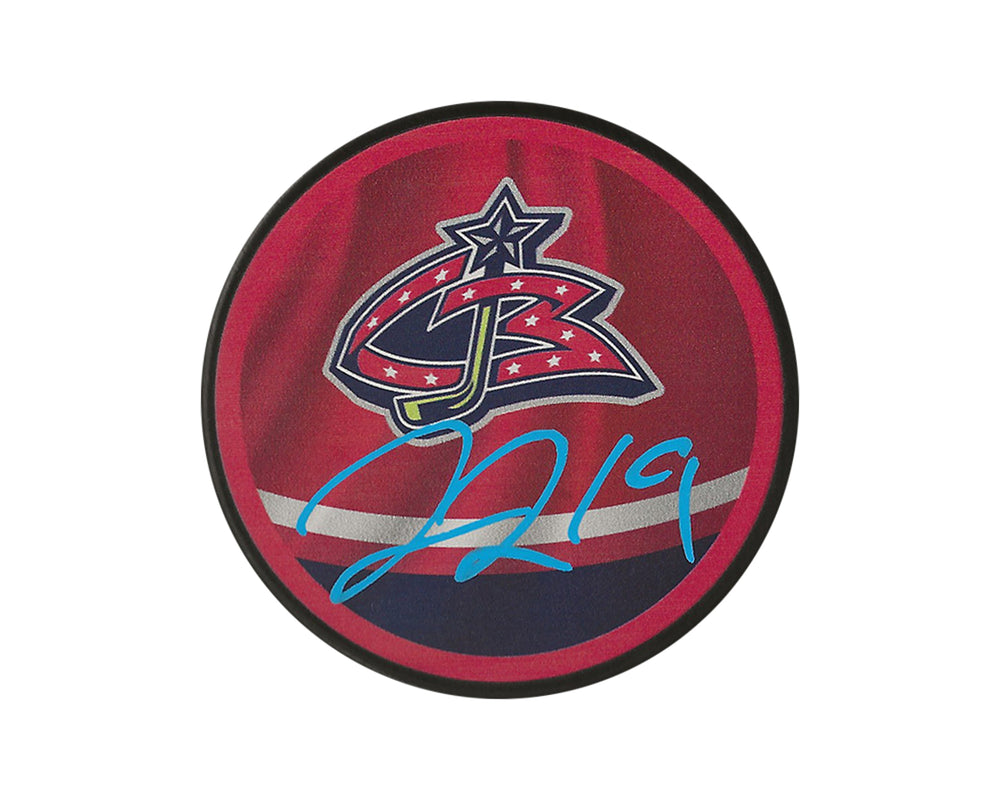 Palet souvenir autographié Liam Foudy des Blue Jackets de Columbus (collection Reverse Retro)