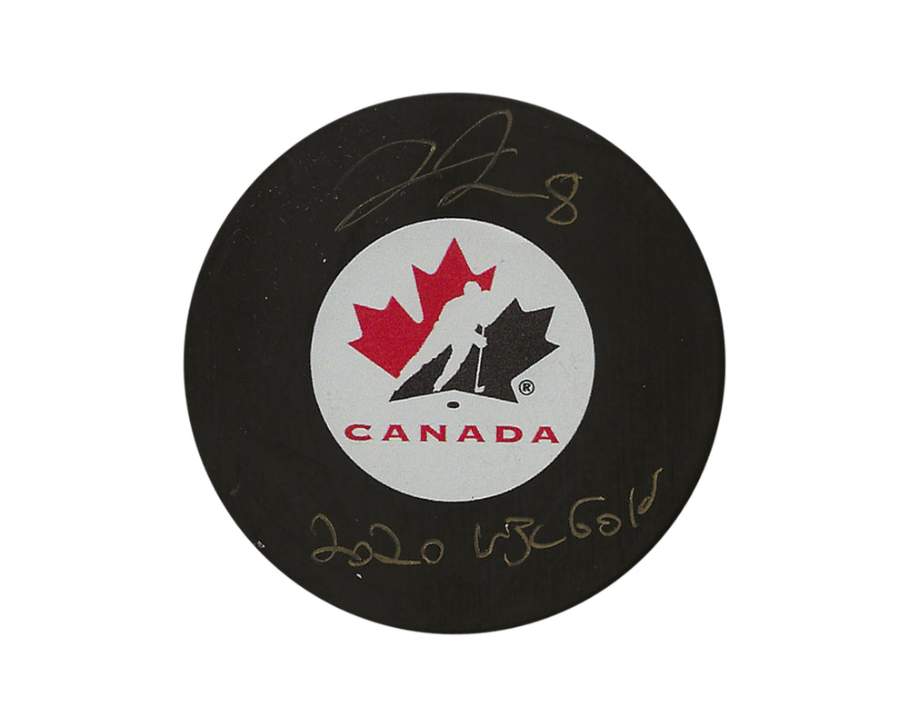 Palet modèle de collection de l'équipe canadienne autographié par Liam Foudy, avec l'inscription « 2020 WJC Gold »