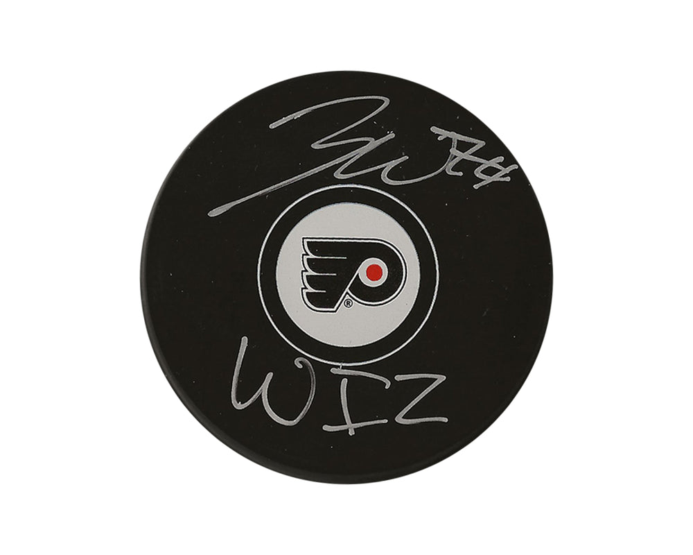 Palet de hockey autographe de Zayde Wisdom des Flyers de Philadelphie, modèle dédicacé, inscrit "WIZ"
