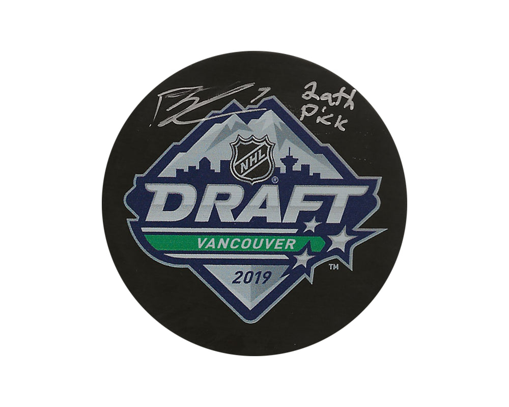 Palet de hockey 2019 de Brayden Tracey autographié et inscrit « 29e choix »
