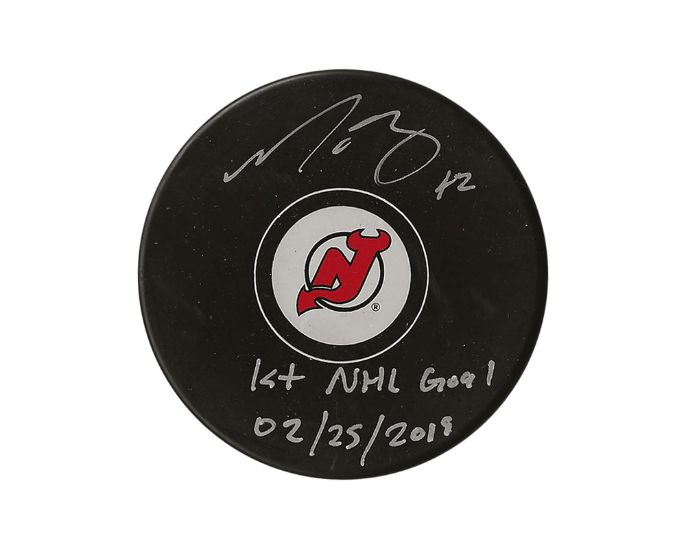 Nathan Bastian Autographed New Jersey Devils Autograph Model Puck Inscribed "1st NHL Goal 02/25/2019"
