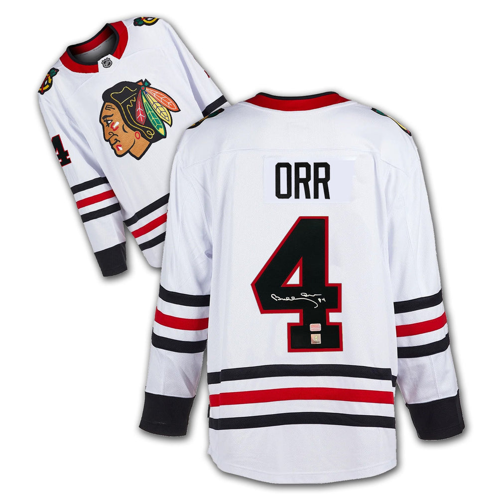 MAILLOT BLANC DES BLACKHAWKS DE CHICAGO AUTOGRAPHIÉ PAR BOBBY ORR – CERTIFICAT D'AUTHENTICITÉ GNR – OBJET DE COLLECTION DE HOCKEY DE LA LNH AUTOGRAPHIÉ (TAILLE L OU XL)