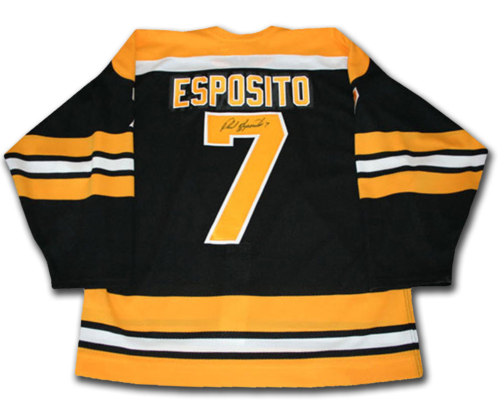 MAILLOT NOIR PHIL ESPOSITO AUTOGRAPHIÉ DES BRUINS DE BOSTON – OBJET DE COLLECTION DE HOCKEY DE LA LNH SIGNÉ (GRANDEUR G OU TG)