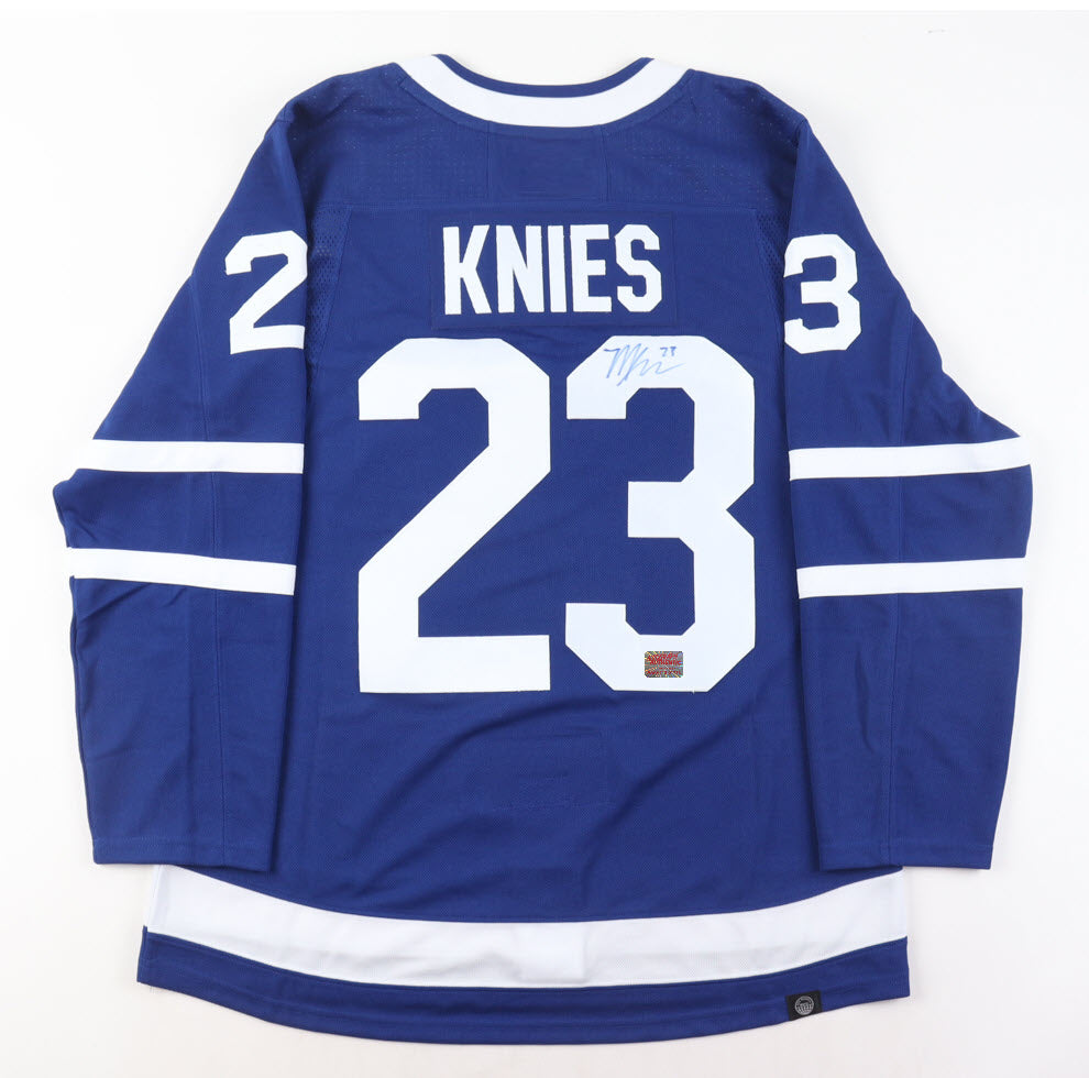 MAILLOT BLEU AUTOGRAPHIÉ DES MAPLE LEAFS DE TORONTO DE MATTHEW KNIES – OBJET DE COLLECTION SOUVENIR DE HOCKEY LNH SIGNÉ (TAILLE L OU XL)