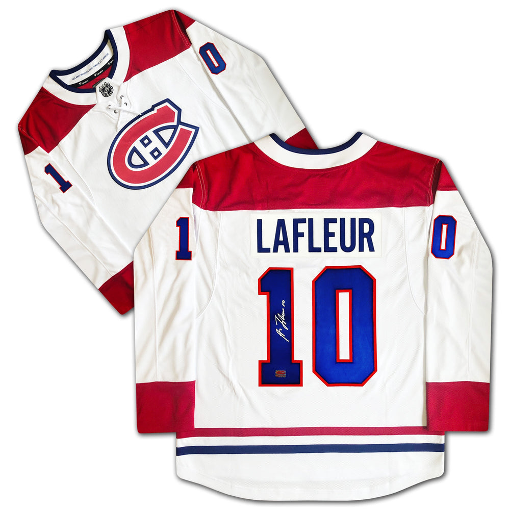 GUY LAFLEUR MONTREAL CANADIENS MAILLOT BLANC AUTOGRAPHE – OBJET DE COLLECTION DE HOCKEY LNH SIGNÉ (GRANDEUR G OU TG)