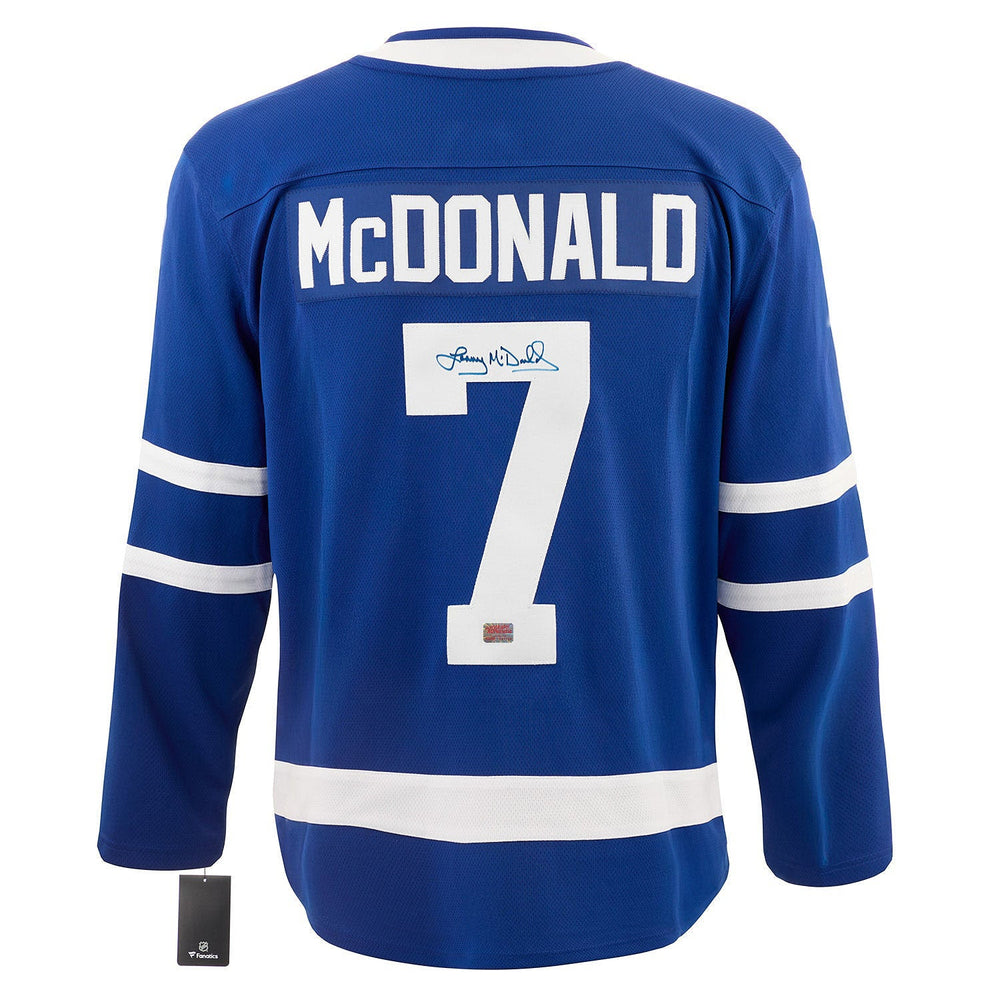 MAILLOT BLEU DES MAPLE LEAFS DE TORONTO AUTOGRAPHÉ PAR LANNY MCDONALD – OBJET DE COLLECTION SOUVENIR DE HOCKEY LNH SIGNÉ (TAILLE L OU XL)
