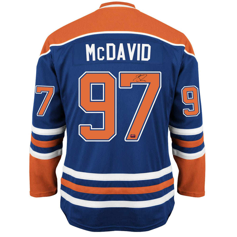 CONNOR MCDAVID AUTOGRAPHED EDMONTON OILERS BLUE JERSEY - SIGNED NHL HOCKEY MEMORABILIA COLLECTIBLE WITH COA (SIZE L OR XL) - UPPER DECK AUTHENTICATED UDA COA